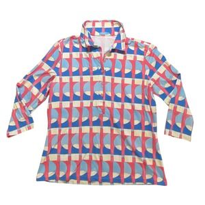 J McLaughlin Women's Catalina Fabric Long Sleeve Collared Top Blue Pink Large